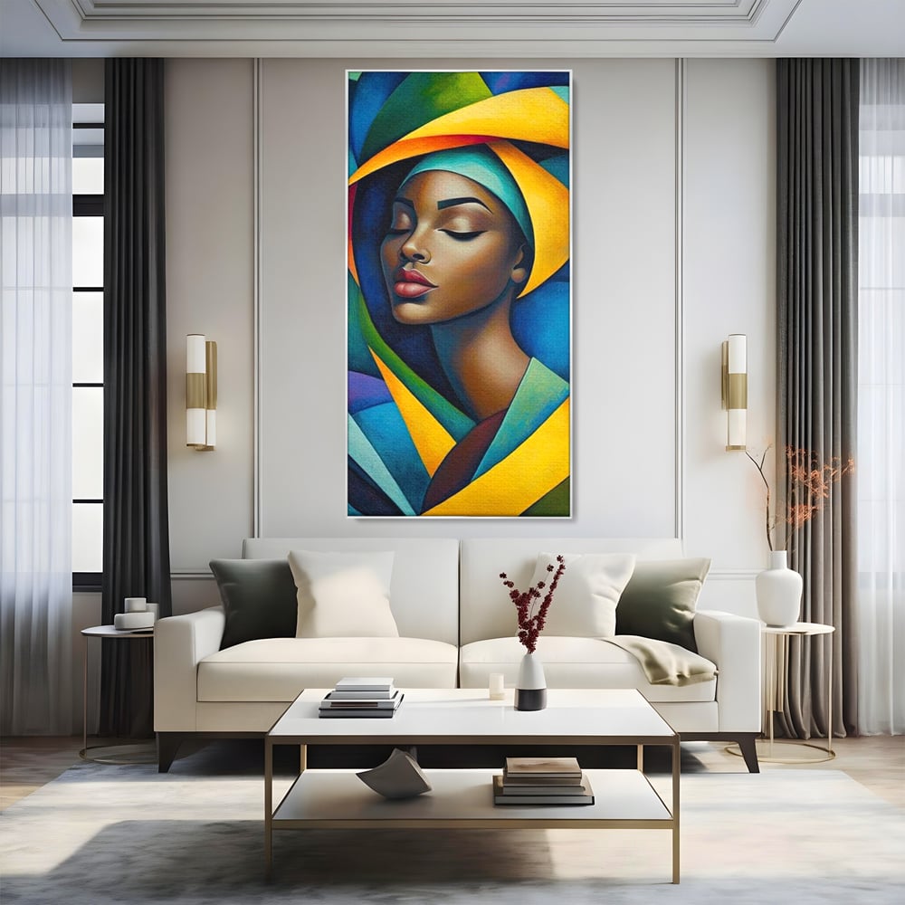 Tablou canvas cu tablou canvas cu portret feminin geometric, in rama de aluminiu argintiu, pe perete intr-un living